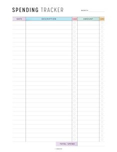 a printable spending tracker with the words spending tracker written on it and an image of a