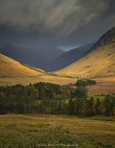 the mountains are covered in green grass and trees, under a cloudy sky with dark clouds