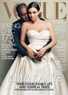 an image of a magazine cover with two people on the cover and one woman in a white dress