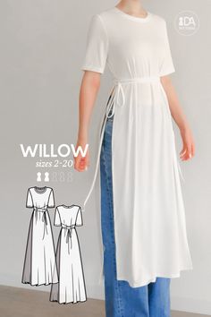 A captivating layering piece, this Willow T-shirt style dress adds that needed bit of elegant complexity and comfortable intricacy to an outfit that nothing else does quite in the same way. A perfectly fitting t-shirt bodice delicately flows into midi-length panels which are slit at the sides, and gathered up at the waist with extra long ties, giving the illusion of a beautiful top and dress all at once ⛅️ WILLOW T-Shirt Dress PDF Digital Sewing Pattern for Women Sizes 2-20 After your purchase y Shirt Style Tops, Shirt Dress Pattern, Sewing Projects Clothes, Diy Vetement, Kleidung Diy, Ropa Diy, Shirt Dress Style, Diy Sewing Clothes, Clothes Sewing Patterns