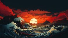 the sun is setting over an ocean with waves and mountains in the foreground,