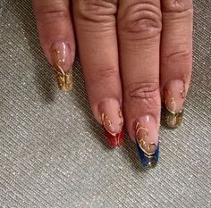 Almond Nails Designs Artsy, Indian Acrylic Nails, Old Fashioned Nails, French Almond Nails Design Glitter, Very Detailed Nails, Summer Nails Maximalist, Liquid Gold Nails, 90s Whimsigoth Nails, Moss Nail Art