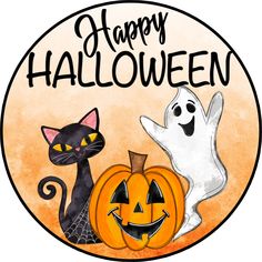 a happy halloween sign with two cats and a ghost