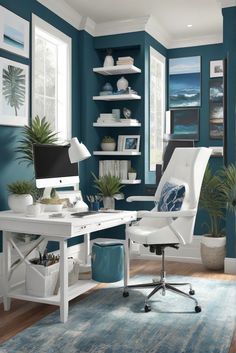 a home office with blue walls and white furniture