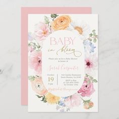 the floral baby shower is shown with pink and yellow flowers on it, including an oval frame