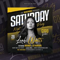 the flyer for saturday's event with an image of a woman in black and yellow