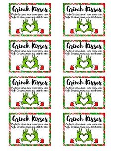 four christmas gift tags with the words grin kisses and two hands making a heart on them