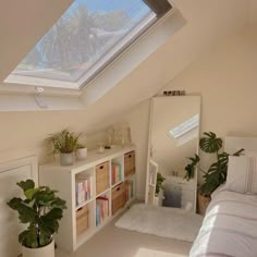 a bedroom with a skylight above the bed and bookshelves on the shelves