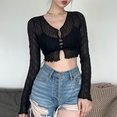 Black Gothic Sheer Mesh Long Sleeve Crop Top - Vedlit Club Attire, Club Outfits For Women, Gothic Looks, Lettuce Hem, Goth Aesthetic, Mesh Long Sleeve, Hot Dress, Long Sleeve Crop, Club Outfits