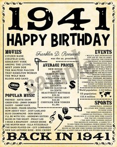 an old poster with the words 1971 happy birthday written in black and white on parchment paper