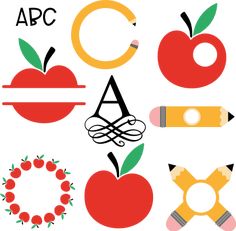 an apple, pencils, and other school supplies are arranged on a white background