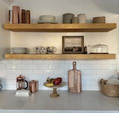 the kitchen counter is clean and ready to be used for cooking or baking, as well as other items