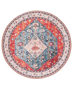 a round rug with an orange, blue and red design