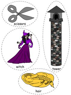 cut out parts of a tower with scissors, witch and other items to make it