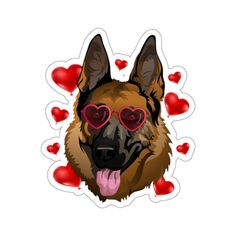 a german shepherd with heart shaped glasses on his face and tongue sticking out from behind the dog's head