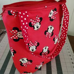 14"X14'", Zipper Close, Fully Lined, 2 Inside Pockets Handmade By Me Kristina's Kreation's Handcrafted Bags, Craft Bags, Womens Tote Bags, Inside Pocket, Minnie Mouse, Red White, Red And White, Hand Crafted, Bag Lady