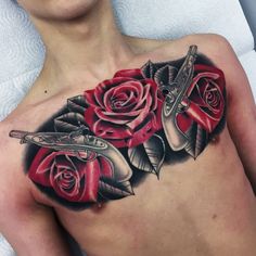 Photo by (d_tattz) on Instagram | #tattoos#tattooed#tattooing#tattooink#tattooideas#tattoomachine#chestpiece#chesttattoos#rose#roses#gunandroses#girlswithtattoos#boyswithtattoos#menwithtattoos#colourrese#redrose#newcastle#artist#art#ukartist#tattooedboys#tattooedgirls#silverbackblack#eternalink Instagram Tattoos, Chest Tattoos, Chest Tattoo, Picture Tattoos, Artist Art, Newcastle, Art Tattoo