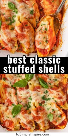 two pictures showing different types of stuffed shells and the same image with text overlay