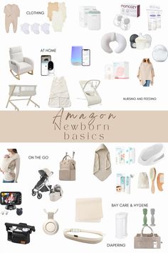 an image of baby products and their names on the bottom right hand corner, with text that reads amazon newborn basics