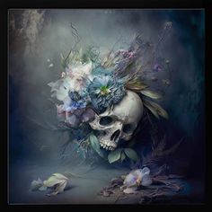 a painting of a skull with flowers on it's head and leaves around its neck