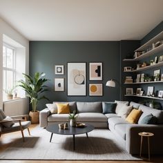 a living room filled with furniture and lots of bookshelves on top of it