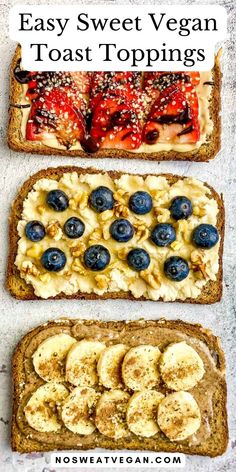 three slices of toast with bananas and blueberries on top