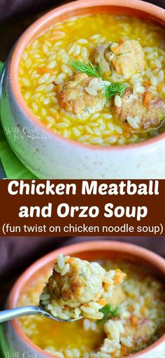 chicken meatball and orzo soup in a bowl