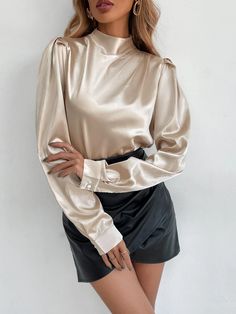 Minimalist Color, Stand Neck, Satin Dress Long, London Outfit, Backless Crop Top, Satin Blouses, Gold Satin, Tie Neck Blouse, Oversized Style