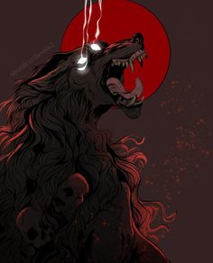 an animal with its mouth open and some lights on it's head, in front of a red sun