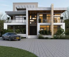 a car is parked in front of a modern house