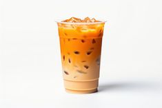 an iced drink in a plastic cup on a white background