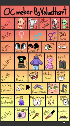 an image of a poster with words and pictures on it that say oc maker by violet heart