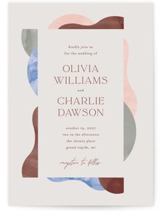 a wedding card with an abstract design in pink, blue and brown on the front