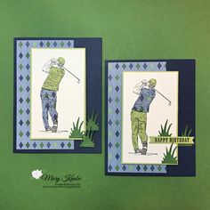 two cards with the same image on them, one has a golf player holding a golf club