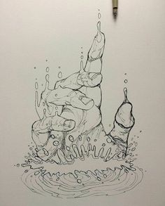 an ink drawing of a man diving into the water