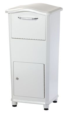 a white cabinet with two drawers on wheels