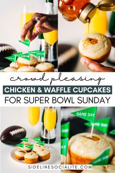 a collage of photos showing different types of food and drinks for super bowl sunday