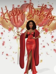 a woman in a red dress holding balloons with the words happy birthday written on it