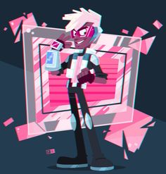 a cartoon character holding a computer screen with pink and blue shapes on it, while standing in front of a monitor