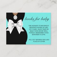 a baby shower card with a white bow on it's neck and the words, books for baby