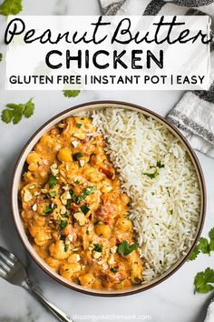 a bowl filled with chicken and rice on top of a white table next to a fork