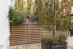 two planters with plants in them on the side of a fenced off area