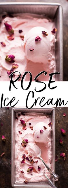 ice cream with rose petals in a metal pan