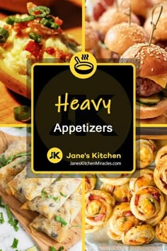 many different types of appetizers are shown in this collage with the words heavy appetizers above them