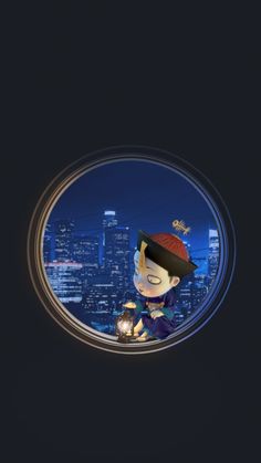 a cartoon character looking through a round window at the city lights and skyscrapers in the distance