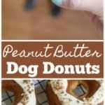 a person holding a donut in their hand with the words peanut butter dog donuts on it