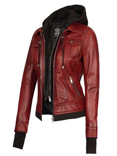 Maroon Leather Jacket, Stylish Leather Jacket, Maroon Jacket, Womens Black Leather Jacket, Leather Jacket With Hood, Maroon Leather, Lambskin Leather Jacket, Real Leather Jacket, Jacket With Hood