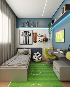 a bedroom with soccer themed decor and green carpet