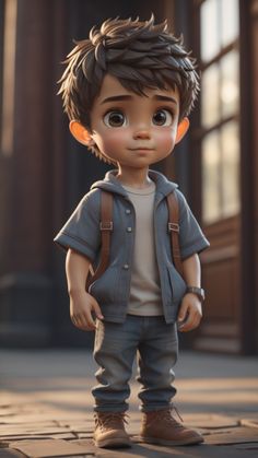 an animated character is standing in front of a building and looking into the distance with his hands on his hips