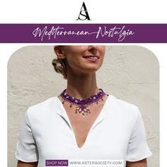 When in Rome, do as the Romans do with our Roman Purple Mediterranean Nostalgia Necklace! Hand-woven using antique-style scarves, this beautiful piece is adorned with a classic Chandelier Pendant to create a distinctly elegant blend of traditional Oya artistry and modern style. #AsterSociety #oneofakindjewelry #flowersoftheday #floralart #jewelrylove #feminine #uniquejewellery #greenfashion #intricatedesign #madebywomenforwomen #womenownedbusiness #slowfashionstyle Style Scarves, When In Rome, Classic Chandelier, The Romans, Chandelier Pendant, Antique Style